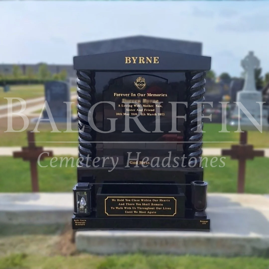 Black granite Top Nine headstone with gold lettering installed in Balgriffin Cemetery, Dublin